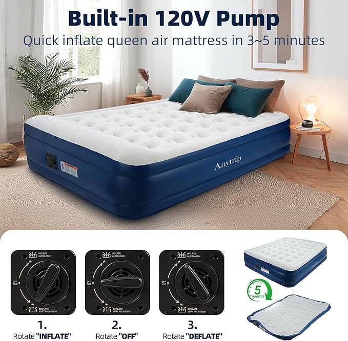 Queen Air Mattress with Built-in Pump Raised,18.5" Leakproof Blow Up Mattress,Portable Inflatable Air Bed with Waterproof Flocking Top for Home,Camping and Guests