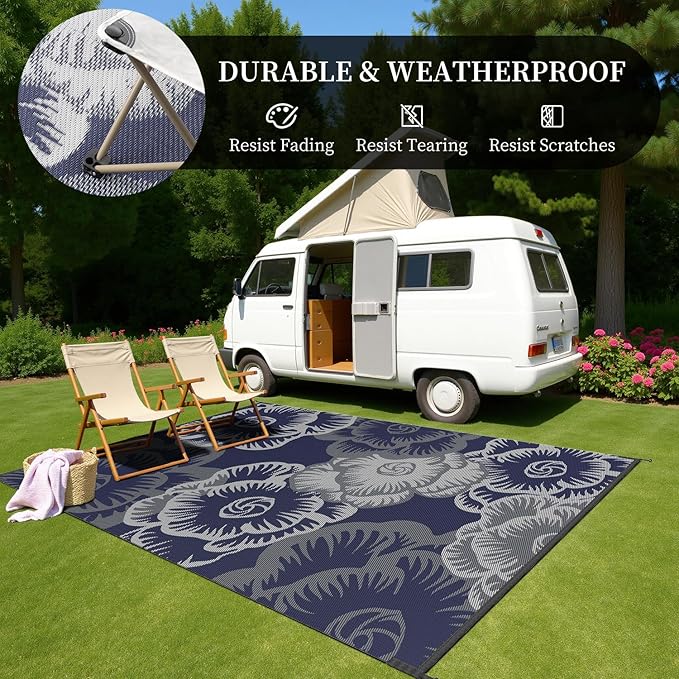 MontVoo Outdoor Rug-Waterproof Patio Rug Mat 6x9 Outdoor Carpet Mat Reversible Plastic Straw Outside Outdoor Rug for RV Camping Picnic Beach Balcony Backyard Pool Deck Farmhouse Floral Navy Blue