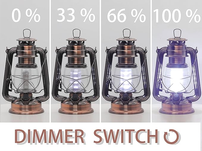 YAKii LED Vintage Lantern Metal Hanging Hurricane Lantern 12 LED Dimmer Switch Cold White Battery Operated Power Outage Indoor Camping Lighting Outdoor Brooklyn Decoration(Copper)