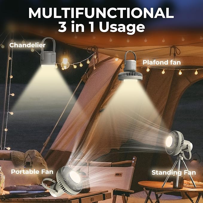 Camping Fan with Removable Lantern, 8000mAh Battery Powered Fan with Hook, Tripod, Outdoor Rechargeable Fan Adjustable 3 Speeds Small Portable Tent Fan for Car Fishing Office Sleep