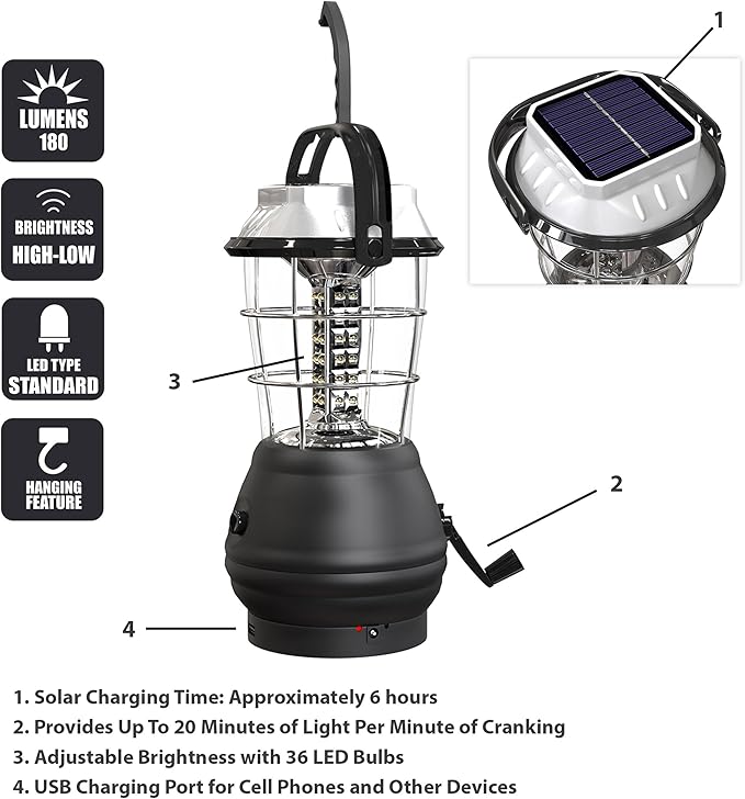 Dynamo Hand Crank Solar Powered Lantern - Battery-Operated or Rechargeable LED Light with Adjustable Settings for Camping by Whetstone (Black)