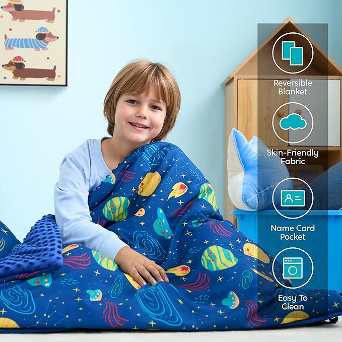 JOIEDOMI Toddler Nap Mat for Preschool 55''x30'' Sleeping Mat with Removable Pillow and Minky Blanket for Kids Ages 3-7 Roll Up Soft Kids Sleeping Bag for Boys Girls Kindergarten Daycare Sleepover