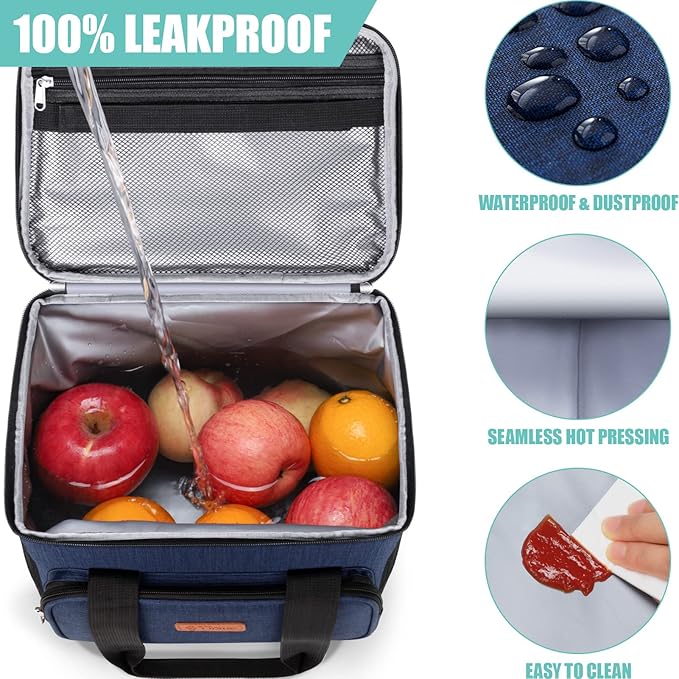 Insulated Lunch Bag for Women/Men - Reusable Lunch Box for Office Work School Picnic Beach - Leakproof Cooler Tote Bag Freezable Lunch Bag with Adjustable Shoulder Strap for Kids/Adult - Navy Blue