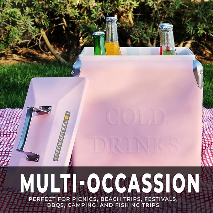 Permasteel 14-Qt Small Retro Vintage Ice Chest - Hard Metal Portable Beverage Cooler for Camping, Beach, and Picnic - Classic Style Personal Cooler, Pink