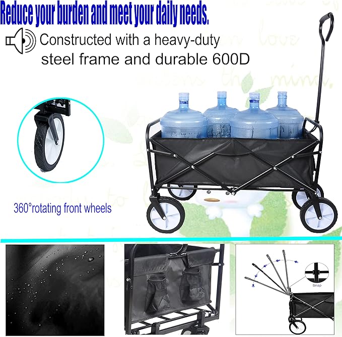 Collapsible Folding Wagon Garden Beach Cart,Heavy Duty Utility Buggy with Big Wheels,Adjustable Handle and 2 Cup Holders,for Sand,Camping,Garden,Outdoor,39.37",Black
