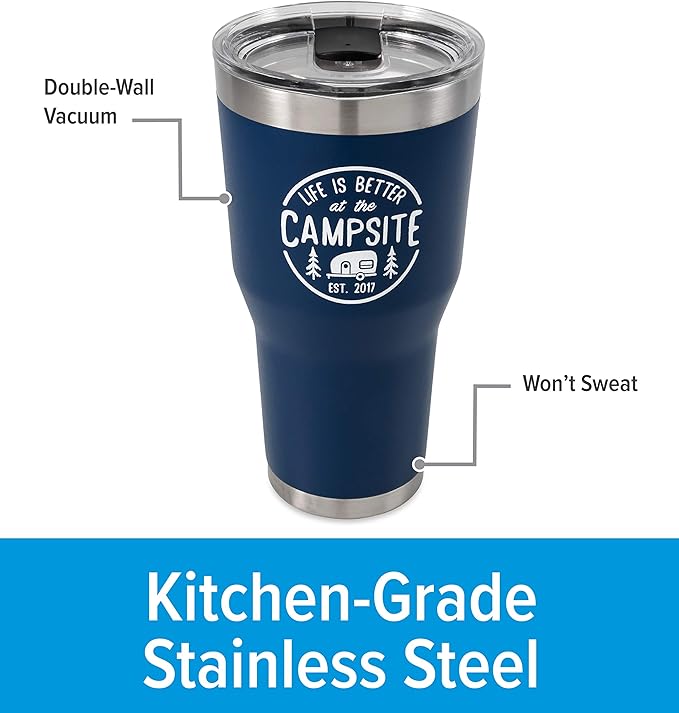 Camco Life is Better at The Campsite Tumbler | Heavy Duty Double Wall Vacuum Insulation | Crafted of 18/8 Stainless Steel | Unique “Life is Better at The Campsite” Design on Navy | 30-oz (53324)
