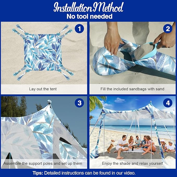 Rhino Valley Beach Tent Sun Shelter, 10x10FT Beach Canopy Tent Sun Shade UPF50+ Protection with 8 Sandbags 4 Stability Poles, Outdoor Beach Shade Canopy 6-8 People for Beach Camping Fishing