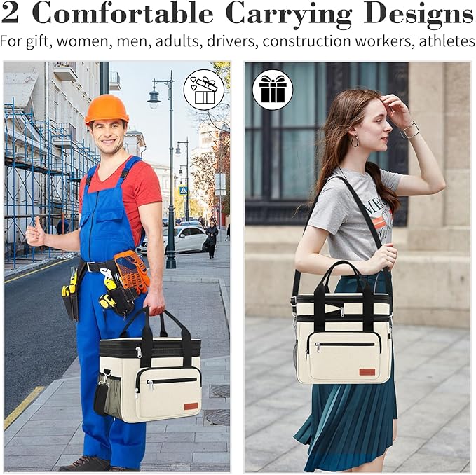 23L Extra Large Expandable Insulated Cooler Lunch Box for Men Double Deck Leakproof Heavy Duty Lunch Bag with 4 Ice Packs&2 Snack Bags for Adult/Construction/Women/Work/Picnic/Camping - Beige