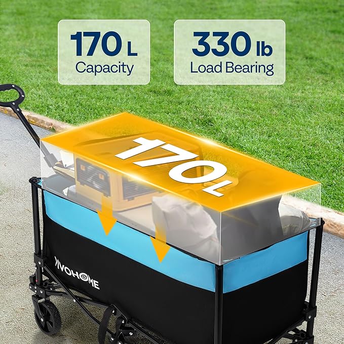 VIVOHOME Collapsible Wagon Carts, 330lbs 170L Utility Heavy Duty Foldable Wagons with Universal Wheels, Cup Holders & Side Pocket, Adjustable Handle, for Camping, Garden, Sports, Picnic, Shopping