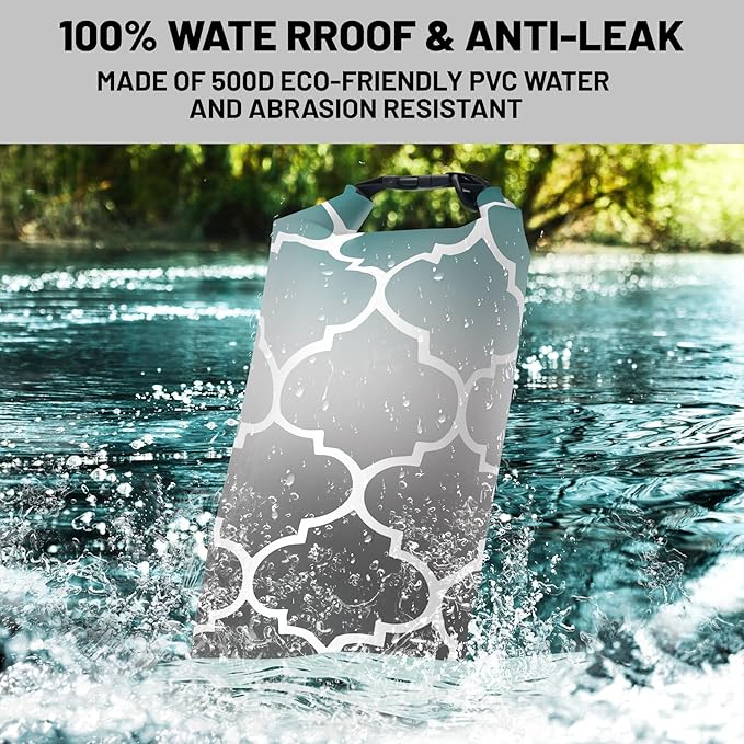 Waterproof Dry Bag,Roll Top Retro Teal Moroccan Geometric Small Waterproof Backpack 5L/10L/20L Floating and Lightweight Bags for Kayaking, Boating, Fishing, Swimming and Camping