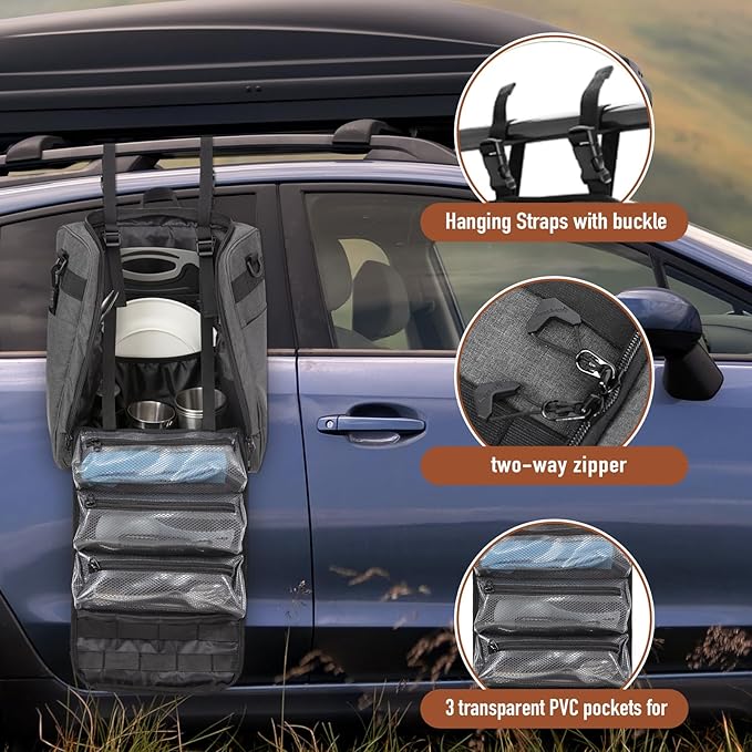 KingCamp Oversized Camping Kitchen Organizer, Ultralight Hanging Cooking Utensils Bag Portable Storage Backpack with Paper Towel Holder & 3 Pockets for Outdoor BBQ Cooking (Bag Only)