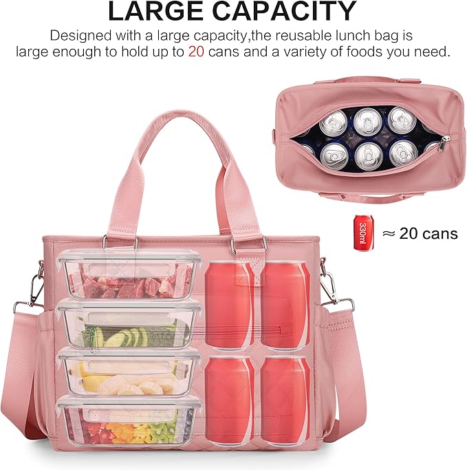 16L Large Lunch Bag for Women, Insulated Lunch Box for Women Loncheras para Mujer for Work, Leakproof, Pink