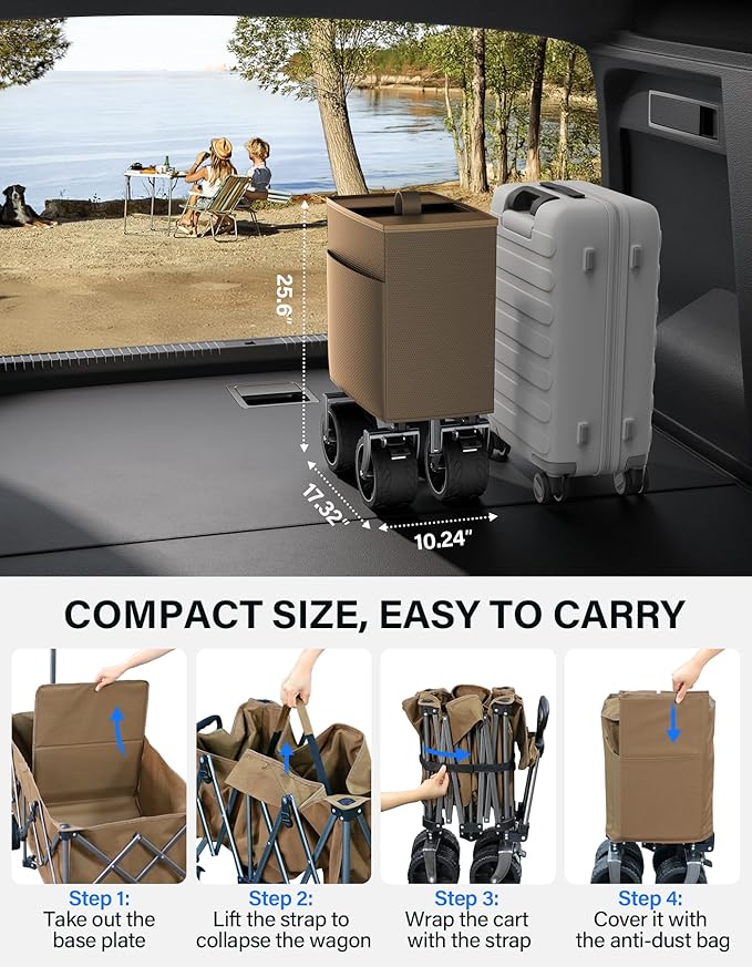 Collapsible Wagon, 440 lbs Foldable Wagons Carts with Big Wheels, Folding Wagon for Beach/Garden/Camping/Grocery Khaki