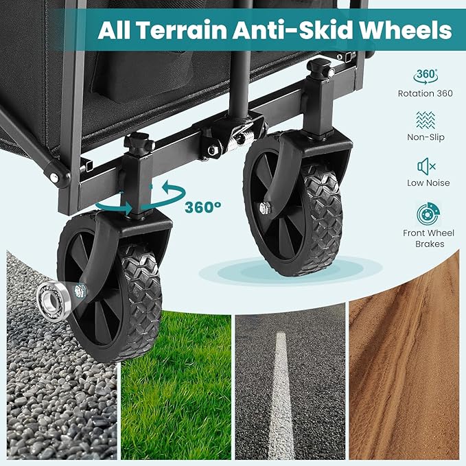 Sweetcrispy Collapsible Foldable Wagon Cart, Large Capacity Garden Beach Cart with All-Terrain Wheels, Heavy Duty Utility Grocery Wagon with Drink Holders for Shopping Sports Camping - 30IN Black