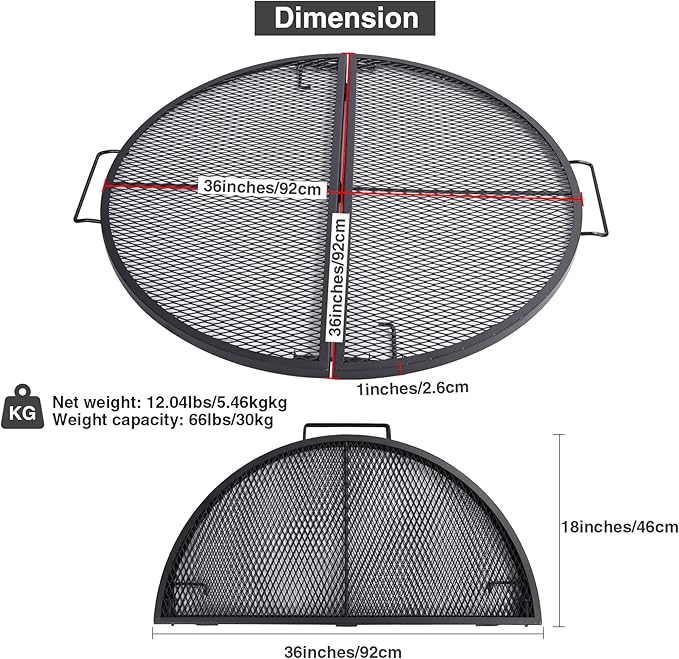 Lineslife X-Marks Fire Pit Cooking Grill Grates Portable, Heavy Duty Folding Round Campfire Grill Grate, Firepit Grill Grate with Handles for Outdoor BBQ Picnic, Black 36 Inch