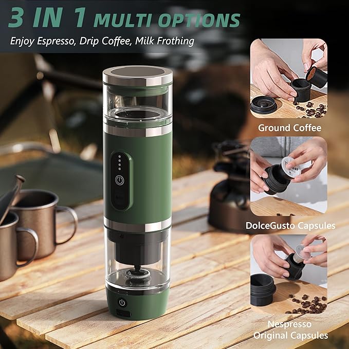 Hobsir Portable Electric Espresso Maker, Milk Frother Travel Coffee Machine for Camping, Car Coffee Maker with Frothing Base, USB-C, 3in1 Capsule, Portable Small Espresso Coffe Machine, Green