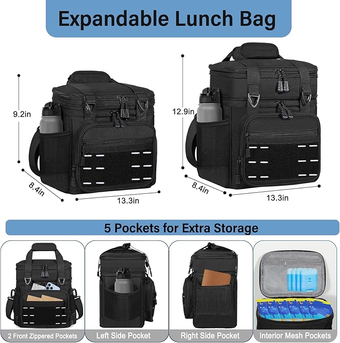 Lunch Box Cooler Bag - Insulated Tactical Lunchbox for Men - Large Lunch Pail for Adults Work Outdoor Shifts Trips Black 25L