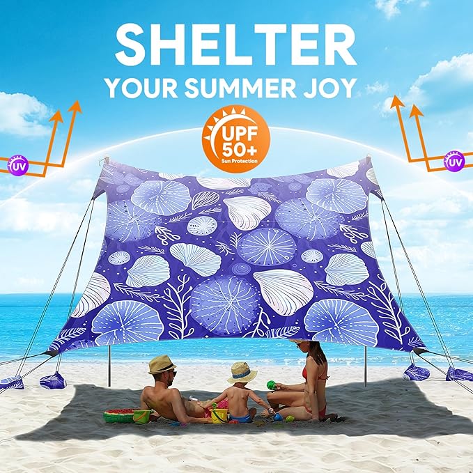 Beach Tent Sun Shelter, 10 x 10 FT Beach Canopy Tent Sun Shade, UPF50+ Beach Tent Canopy with 8 Sandbags & 4 Stability Poles, Outdoor Beach Tent for Beach Camping Fishing, Jellyfish