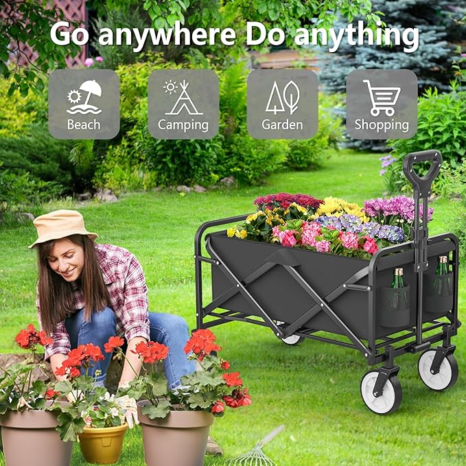 LUBBYGIM Collapsible Folding Wagon with Large Capacity, Utility Wagon Cart Heavy Duty Foldable, Portable Garden Cart for Beach Camping Shopping Sports (Black, 1 Year Warranty)