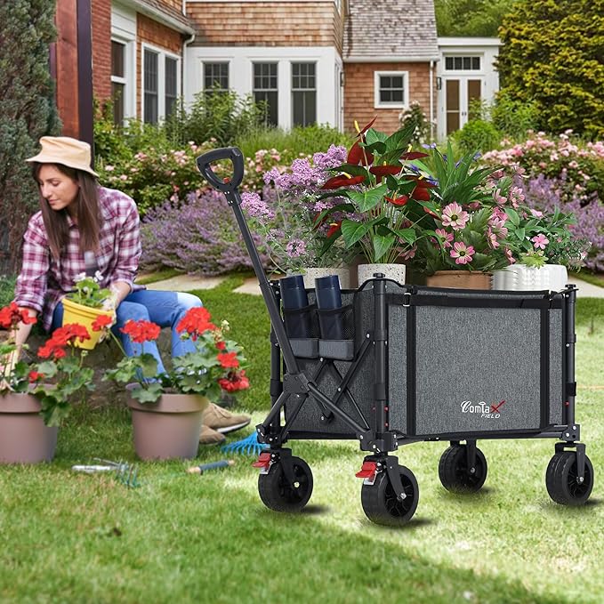 Collapsible Wagon Cart Foldable with Big Wheels Brakes, 250lbs Folding Utility Lightweight Garden Wagon, Portable Grocery Cart for Camping Shopping Sports Pets, Grey