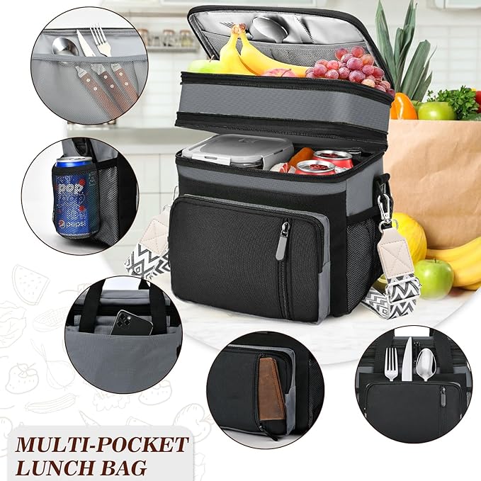 LOKASS Lunch Box for Men/Women-16L-Insulated Lunch Bag, Expandable Double-Layer Leakproof Cooler Bag with Upgrade Adjustable Shoulder Strap Ideal for Work/Travel/Picnics（Gray&Black）