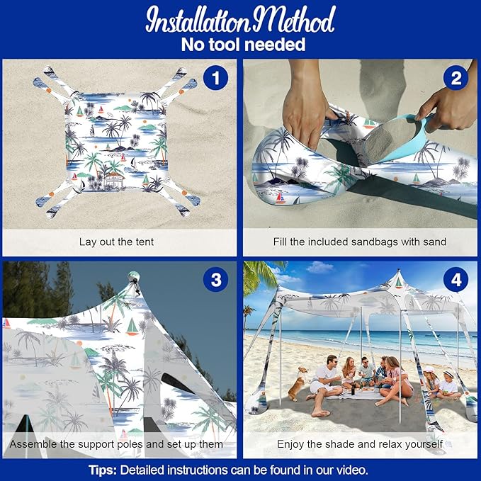 Rhino Valley Beach Tent Sun Shelter, Beach Canopy Tent Sun Shade UPF50+ Protection with 8 Sandbags 4 Stability Poles, Outdoor Beach Shade Canopy for Beach, Camping, Fishing