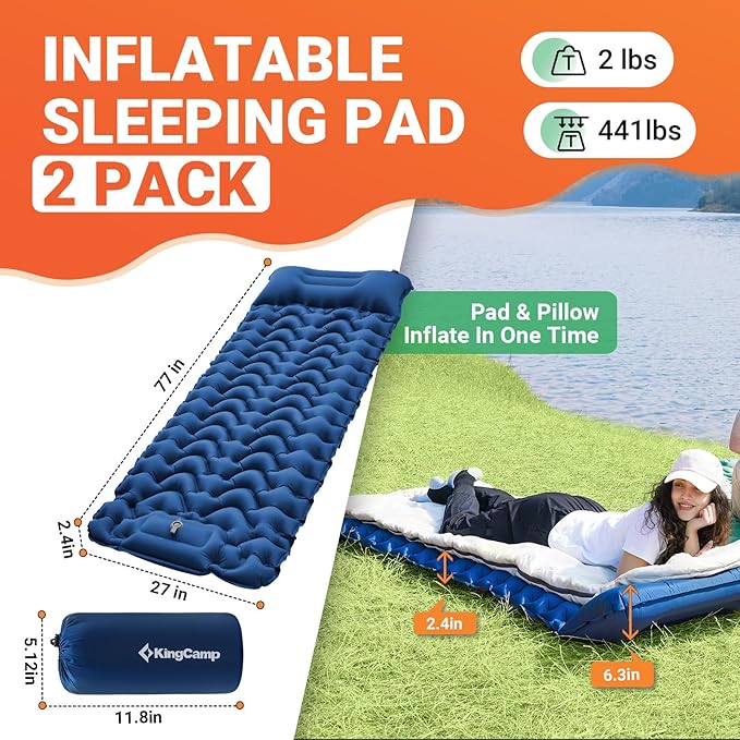 KingCamp Self Inflating Camping Mattress with Built-in Foot Pump, Connectable Durable Inflatable Sleeping Mat with Pillow, Compact Camping Air Mattress for Hiking