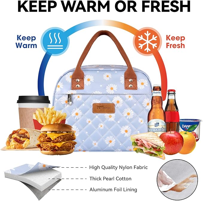 HOMESPON Insulated Lunch Bag for Women Men Adults Lunch Tote with Front Pocket Lunch Box Container Cooler Bag for Work Picnic (Blue Daisy)