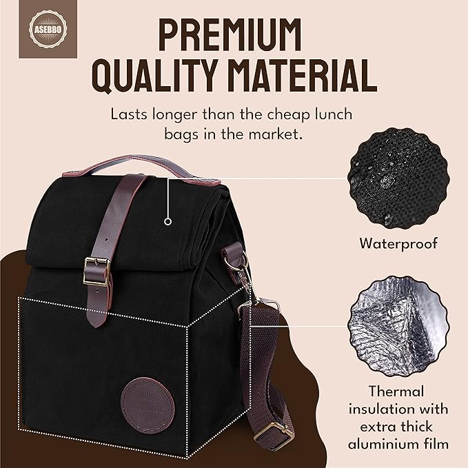 Insulated Lunch Bag for Women & Men - Reusable & Leak Proof Lunch Box Cooler Bag for Work, Beach, Travel for Adults with Shoulder Strap, Father's Day Gift - Waxed Canvas (Black) - Reusable Bag
