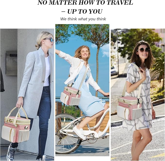 LOKASS Lunch Box for Women, 16L, Double Deck Expandable Insulated Lunch box For Adults/Women Thermal Large Waterproof Leakproof Cooler Bag with Shoulder Strap - Light Pink