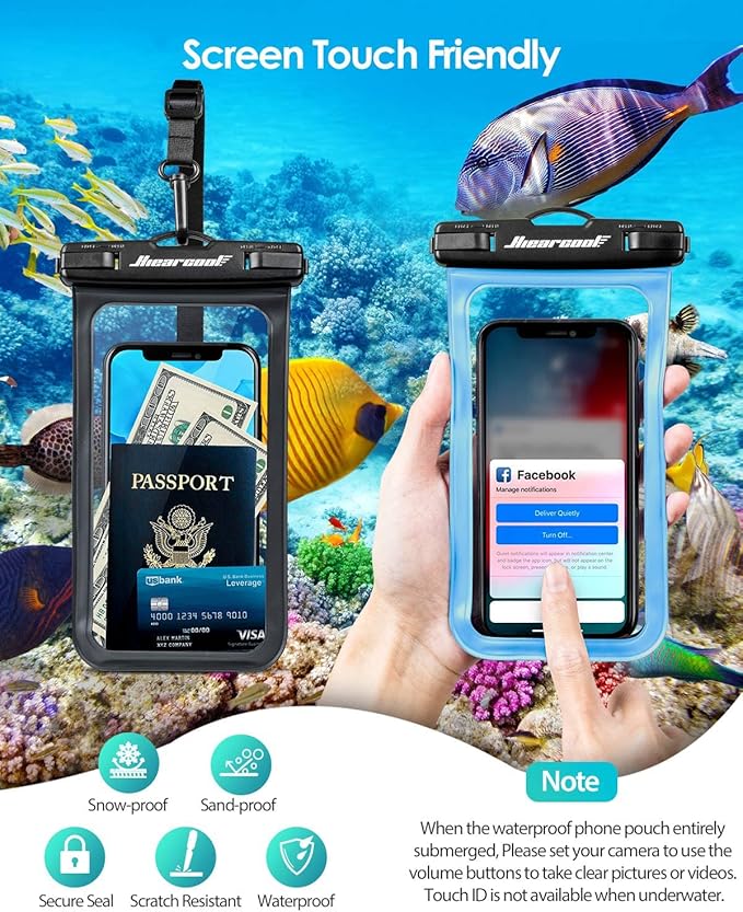 Hiearcool Waterproof Phone Pouch, Waterproof Beach Bag Compatible for iPhone 16 15 14 13 Pro Max, IPX8 Cellphone Travel Essentials for Beach -Black & Sky Blue-2Pack