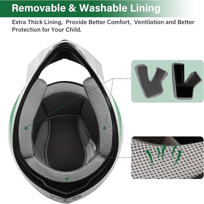 TCT-MOTORPARTS DOT Youth Kids Motocross ATV Helmets Offroad Street Dirt Bike Go-Kart BMX MX Full Face Helmet White w/Green Star Large Size