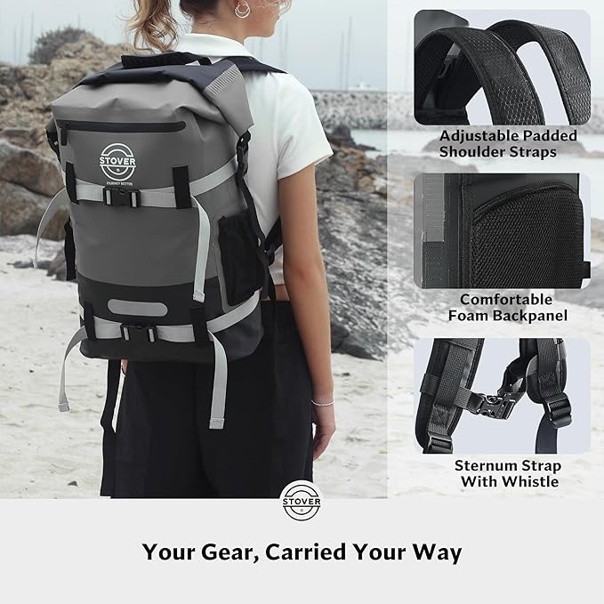 STOVER 5/10/25/30/40/55L Waterproof Dry Backpack- Large Floating Dry Bag for Kayaking, Travel, Tubing, Hiking, Fishing, Camping, Motorcycles & the Beach, Heavy-Duty Roll Top Men/Women (Grey)