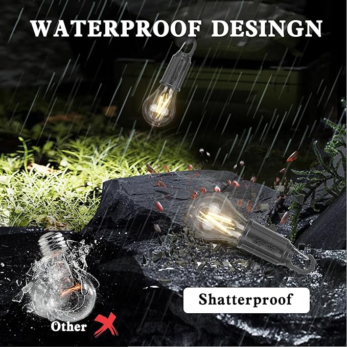 Battery Operated Rechargeable LED Lights Bulbs 2w 2700k Soft White Outdoor Waterproof,3 Light Modes,Vintage Candle Shape,for Gazebo Chandelier,Camping,Backup,Pergola,1pack USB Cordless Bulb