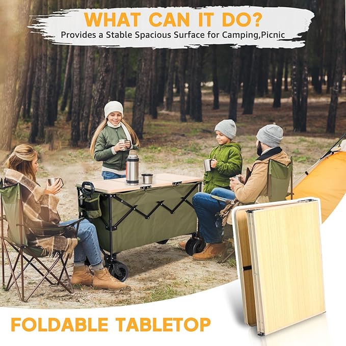 Chihee Collapsible Folding Outdoor Utility Wagon Cart,Beach Cart Large Capacity,Heavy Duty Portable Wagon All Terrain Wheels with Large Side Pocket & 1 Foldable Desktop & 2 Drink Holders