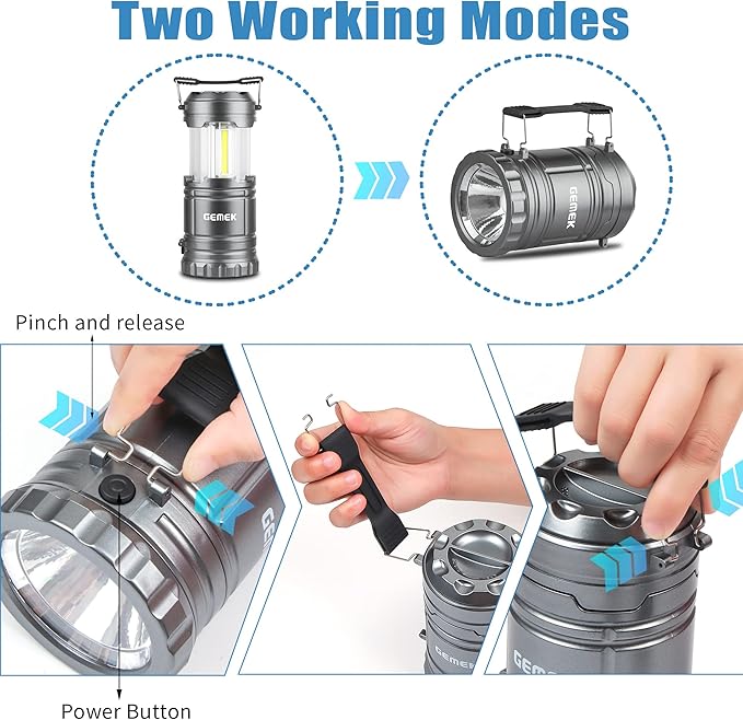 GEMEK 2 x LED Camping Lantern Battery Powered Flashlights Portable 2-in-1 Collapsible COB Lantern Lights for Camping, Car, Shop, Attic, Garage, 6 AA Batteries Included (Gray)