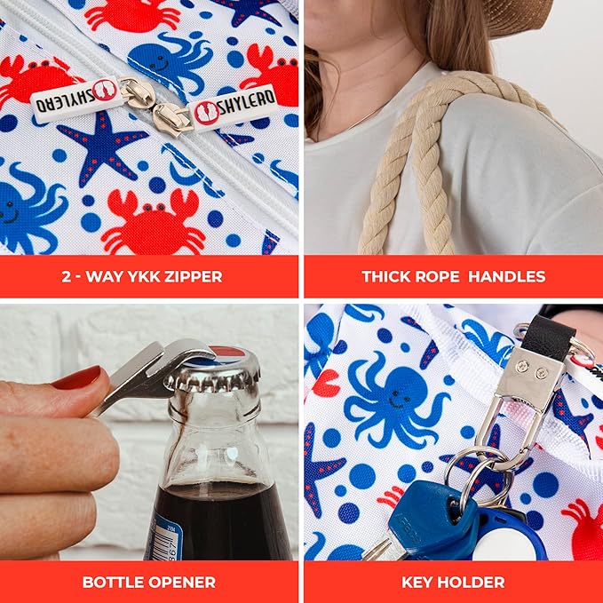 SHYLERO Beach Bag and Pool Bag. Has Airtight Pouch, Ton of Pockets. Beach Tote is Zippered, Water Resistant. Family Size