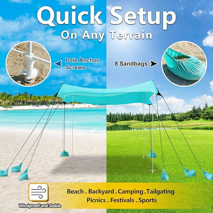 Camping Tent UPF50+ with 8 Sandbags, Beach Shade Canopy for 6-12 Persons, Pop Up Canopy for Camping, Picnics, 12X12FT Turquoise