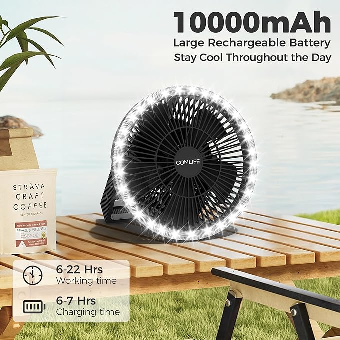 COMLIFE 10000mAh Camping Fan and LED Light - 8'' Rechargeable Battery Operated Tent for Hanging or Tabletop Use, Portable USB with Lights Car RV Outdoor Emergency Outage Hurricane, Black (F001)