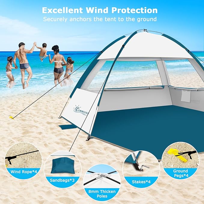 COMMOUDS Beach Tent Sun Shade for 3/4-5/6-7/8-10 Person, UPF 50+ Beach Sun Shelter Canopy Tent, Lightweight, Easy Set Up and Carry