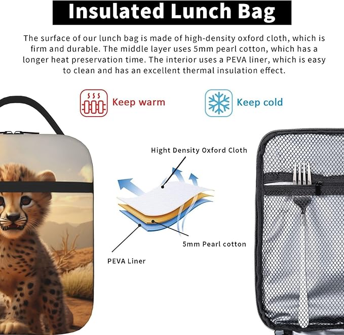 SARA NELL Cute Cheetah Insulated Lunch Bag Baby Cheetah Lunch Box for Women Men Teens Kids, Reusable Lunch Tote Bag, Leakproof Thermal Insulated Lunch Bags for Work, Picnic, School or Travel