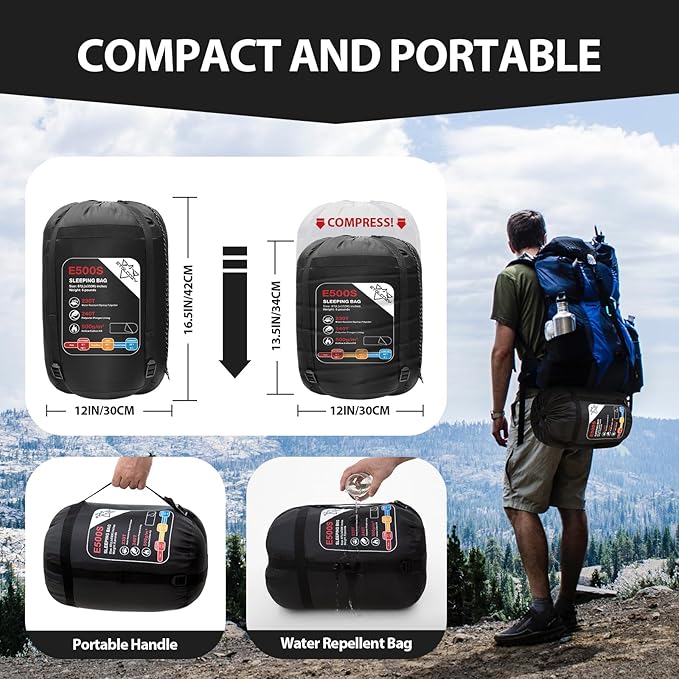 Adult Kids Sleeping Bag - All Season Warm/Cold Weather Lightweight for Camping & Hiking - Compact w/Compression Sack - Portable for Backpacking Travel Indoor - Unisex Boy Girl Man Woman