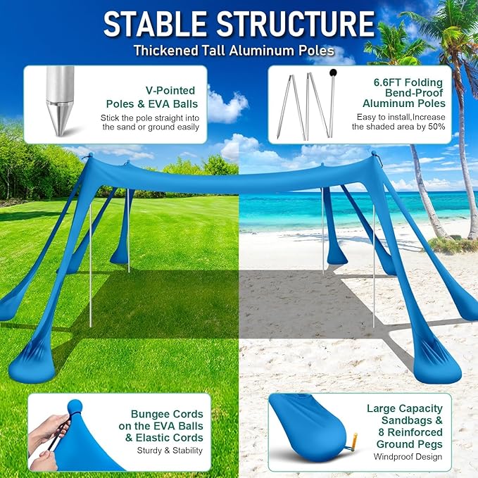 Beach Tent Sun Shelter Beach Canopy Tent Sun Shade Pop Up 10x10 UPF50+ with 8 Sandbags-2 Sand Shovel-Portable 4 Aluminum Poles-Ground Pegs-Easy Setup for Outdoor Family Camping Fishing Picnic
