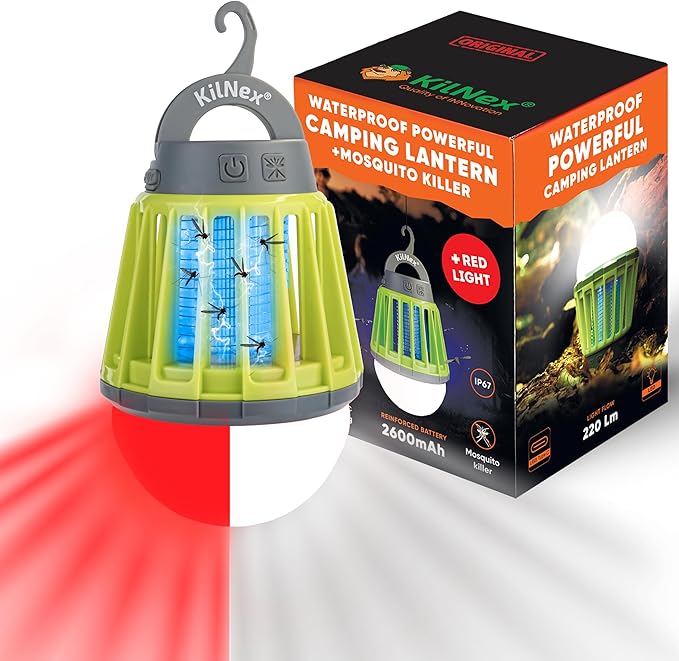 Camping Lantern with Mosquito Protection | Rechargeable Battery, USB Type-C Charging | Waterproof IP67 | White and Red Light | Compact Portable for Camping, Hiking, Fishing