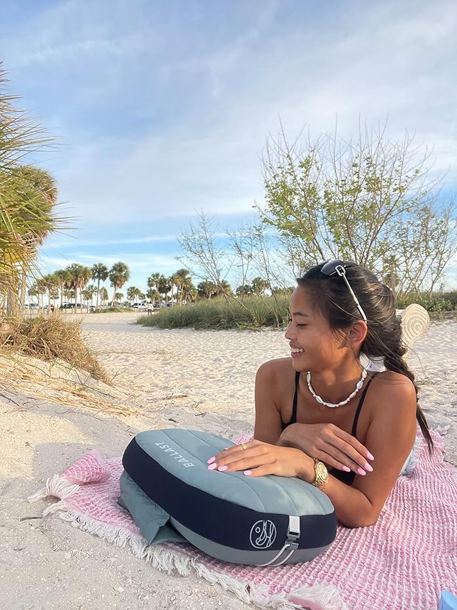 Ballast Beach Pillow – Comfy, Durable & Compact, Stays Put on Windy Beaches with Patented Sand Pouch, Inflatable Pillow for Beaches, Pools, Camping, Festivals and Travel (Moonlight Grey)