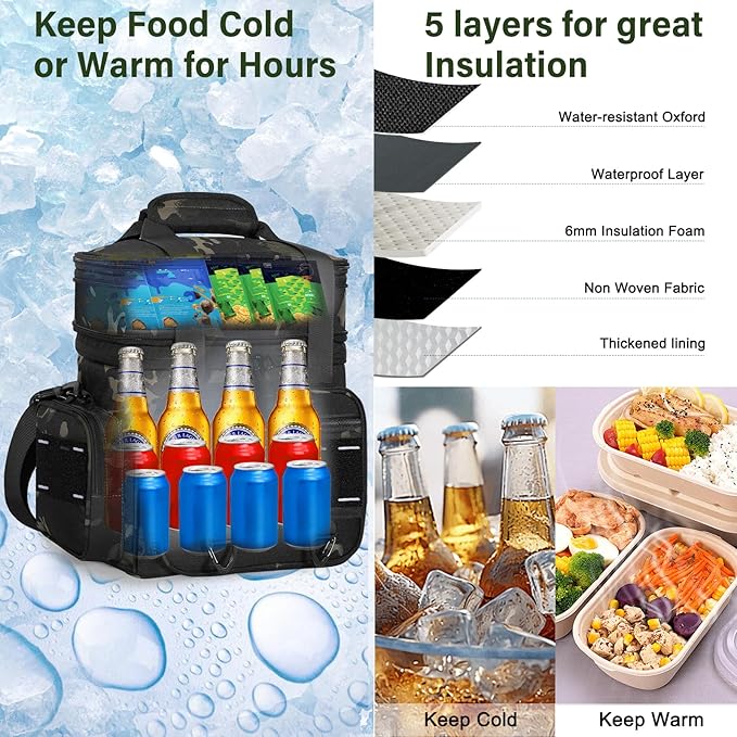 Expandable Tactical Lunch Box, Large Insulated Lunch Cooler Bag Heavy Duty Leakproof Lunch Pail for Men Adults Work Office Outdoor Picnic Trips,16L,Black-Camo