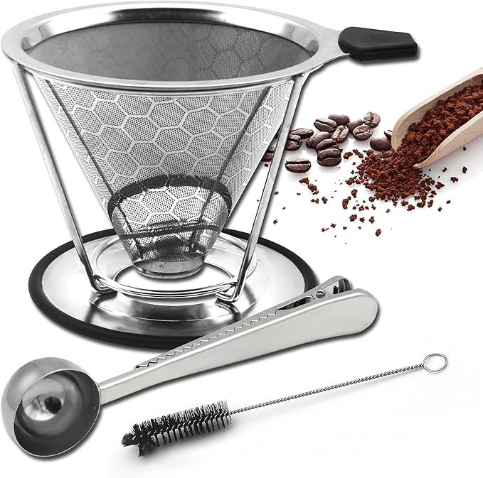 LIGICKY Reusable Coffee Filter Professional Manual Stainless Steel Coffee Dripper Cone Coffee Strainer Paperless Coffee Maker for 2-4 people with Removable Cup Stand, Cleaning Brush, Coffee Scoop