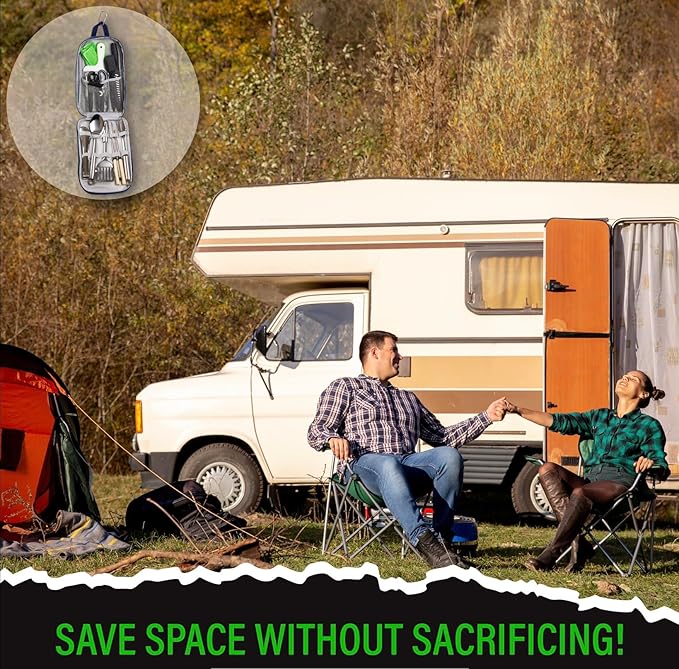 30 Pcs Camp Cooking Utensil Set & Outdoor Kitchen Gear Cookware Kit, Portable Compact Carry Case for Camping, Hiking, Travel, BBQ Grilling Stainless Steel Accessories Spoon & Fork, Navy