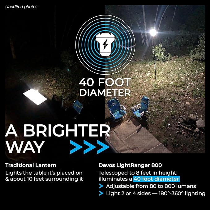 DEVOS - LightRanger 800 Telescoping Camp Light, 8 ft Tall with 800 lumens, Rechargeable LED Lantern, Up to 30-Hour Runtime, 1-Year Warranty, Includes Carry Case
