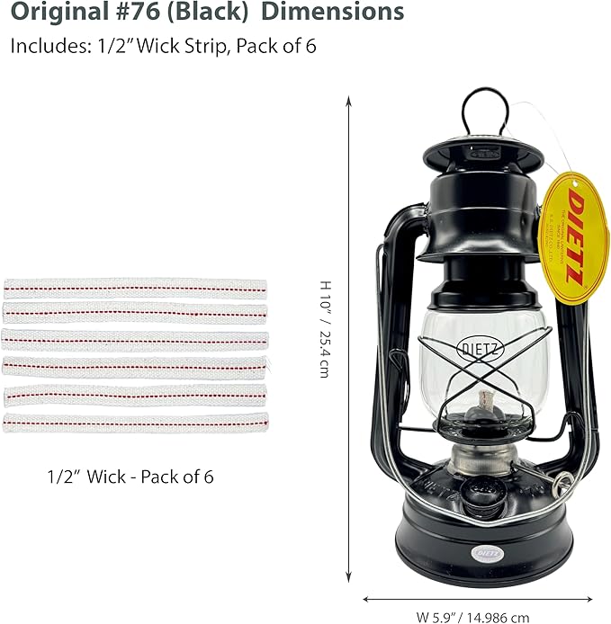 Light of Mine - Dietz #76 Original Black Oil Lantern with 1/2" Replacement Wick Strips (Black)
